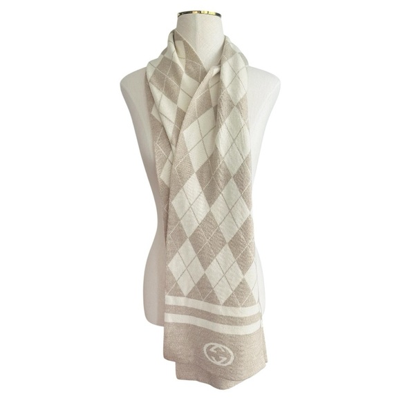 GUCCI Oatmeal & Cream Argyle & Stripe Reversible Monogram Wool Silk Scarf 10x70” - Picture 2 of 8